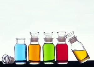 Apothecary bottles with colored liquid